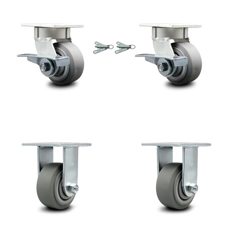 Service Caster 4 Inch Kingpinless Thermoplastic Wheel Caster Brake & Swivel Lock 2 Rigid, 2PK SCC-KP30S420-TPRRF-SLB-BSL-2-R-2
